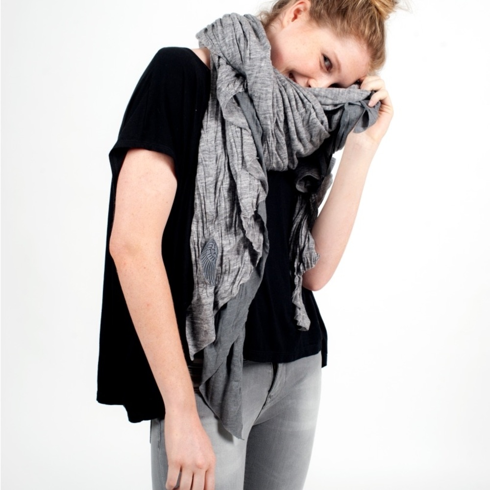 Donni Charm-  Black and Gray Women's Scarf with Angel Wing Charm